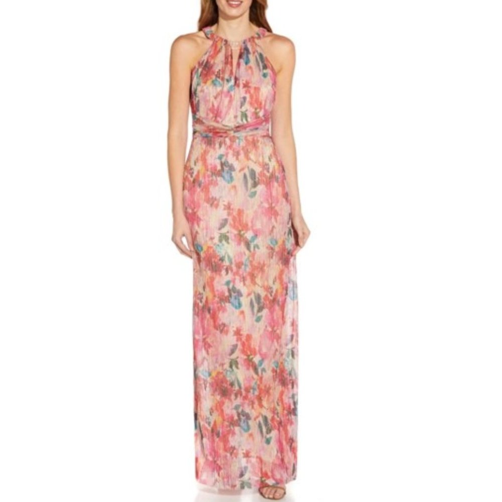 ADRIANNA PAPELL Floral Metallic Pleated Halter Gown